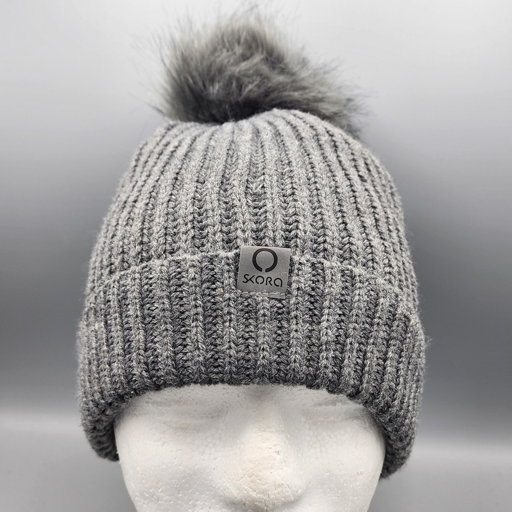 Skora Pom Fleece Lined‎ Knit Beanie Hat Gray One Size